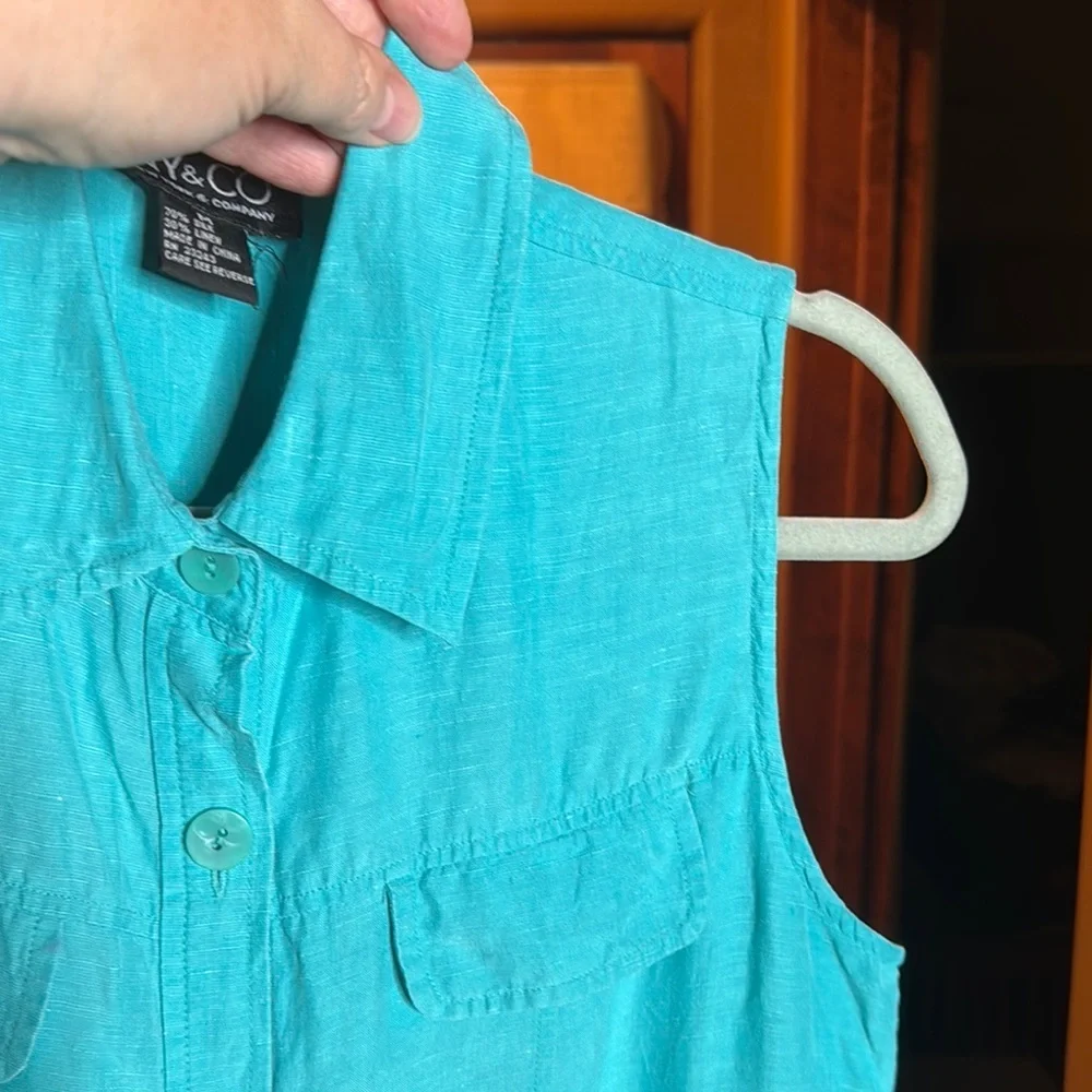 New York & Company Silk Linen Teal Sleeveless Button Down Top Size Medium